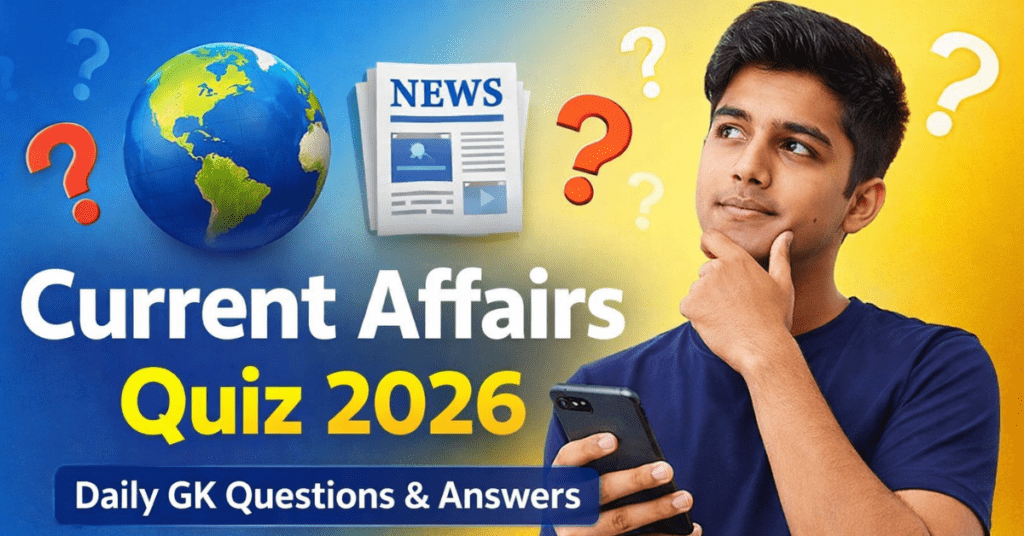 Current Affairs Quiz 2026 thumbnail with student holding smartphone and GK questions concept