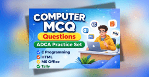 Computer MCQ Questions ADCA Practice Set thumbnail with C, HTML, MS Office and Tally topics