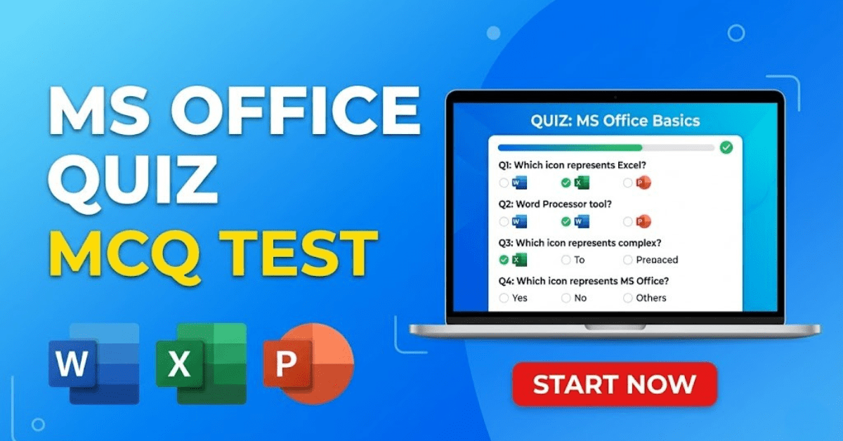 MS Office Quiz online test MCQ with Word Excel PowerPoint icons and computer screen