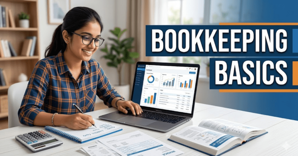 Bookkeeping basics concept with laptop, financial charts, calculator and accounting study setup