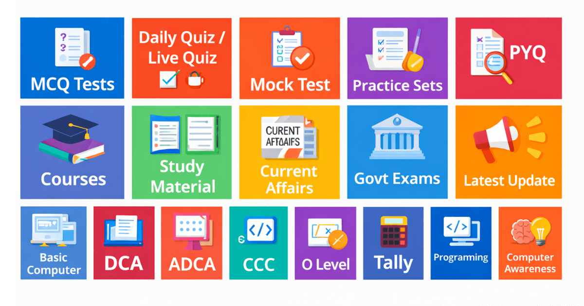 MCQ Tests, Quiz, Mock Test and Computer Study Categories Thumbnail
