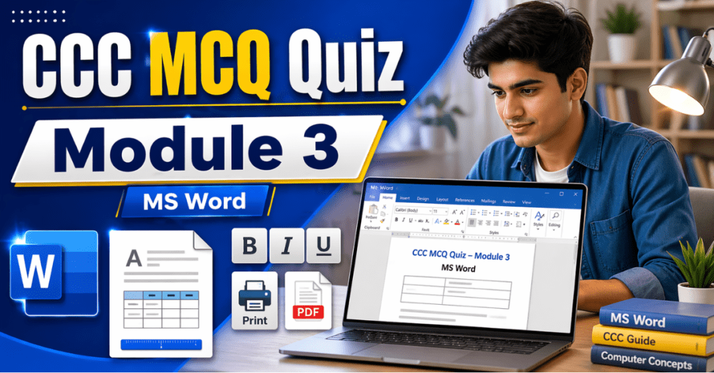 CCC Module 3 MCQ MS Word quiz thumbnail with student using laptop