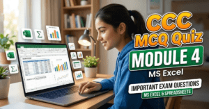 CCC Module 4 MCQ MS Excel quiz thumbnail with student using laptop and spreadsheet