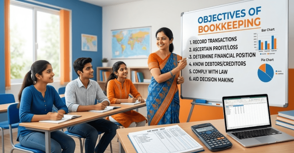Objectives of bookkeeping concept with financial charts, calculator, ledger book and accounting study setup