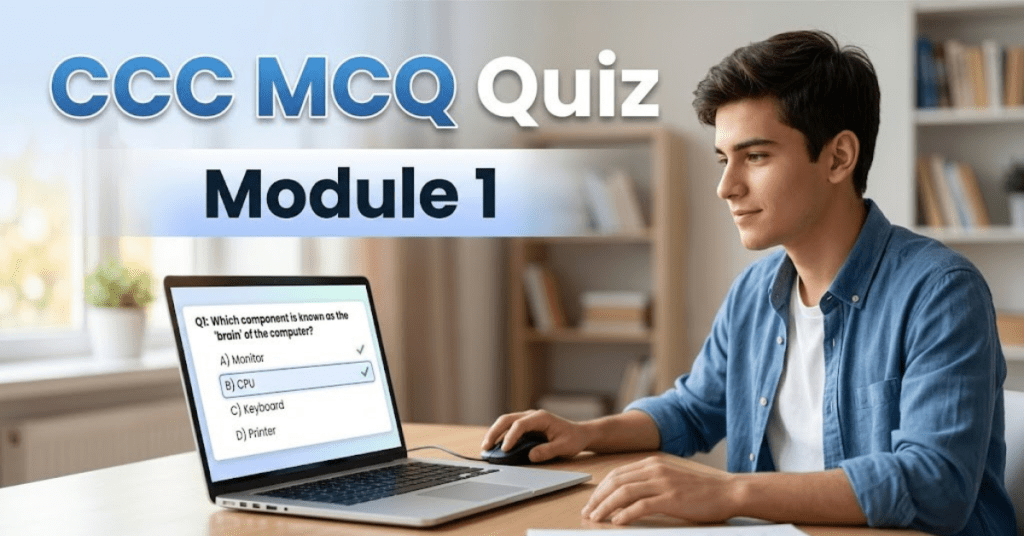 CCC Module 1 MCQ Quiz thumbnail showing student using laptop with computer questions