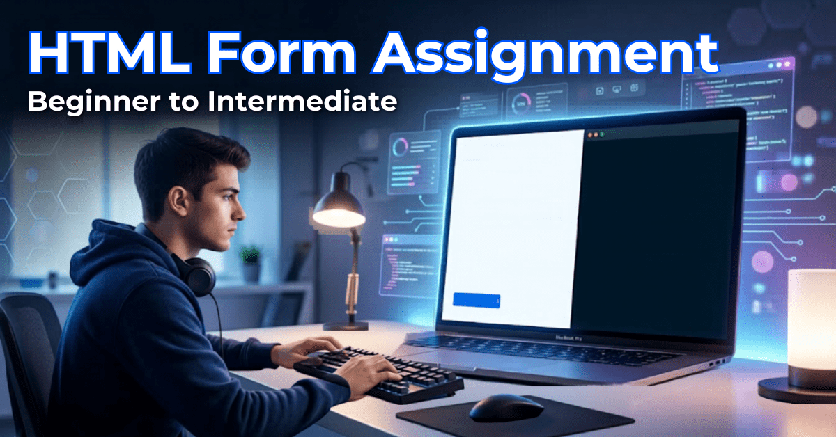HTML Form Assignment tutorial thumbnail showing student coding on laptop with form design