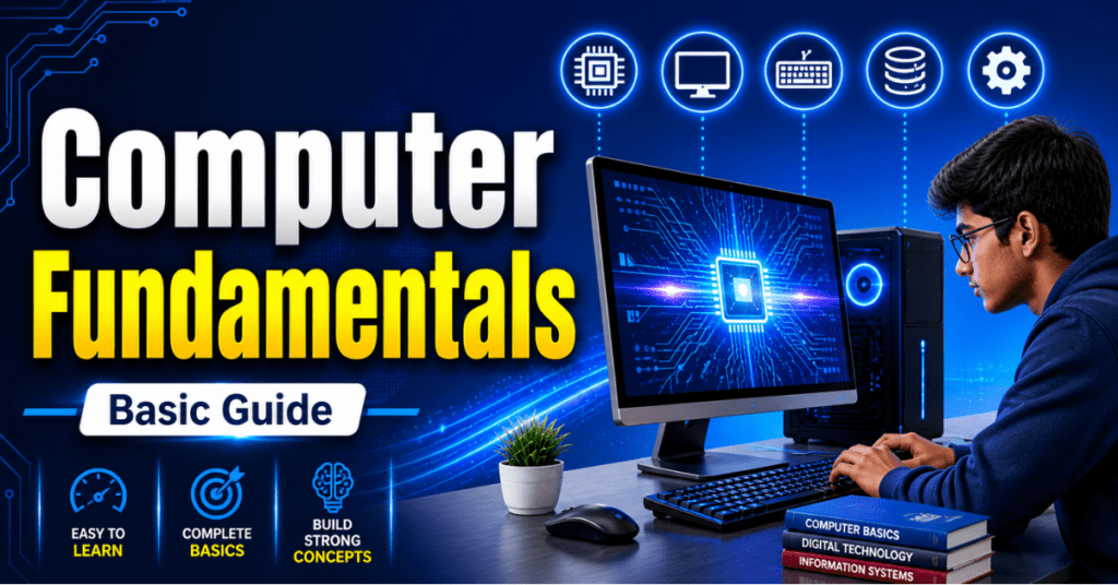 Computer Fundamentals thumbnail showing student using computer with digital technology icons and blue background