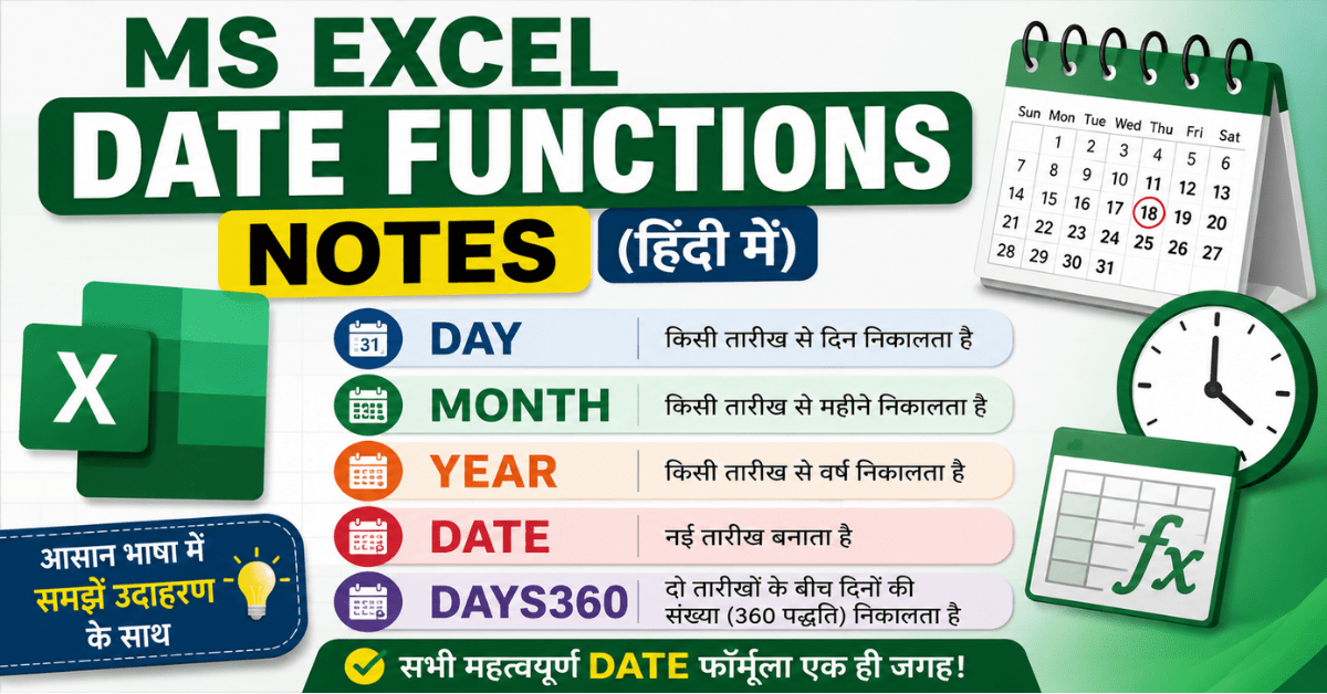 Excel Formula Notes in Hindi thumbnail showing Microsoft Excel formulas like LOWER, UPPER, LEN, CONCATENATE, SMALL, LARGE, and COUNTBLANK with laptop, charts, spreadsheet, and modern blue digital background.