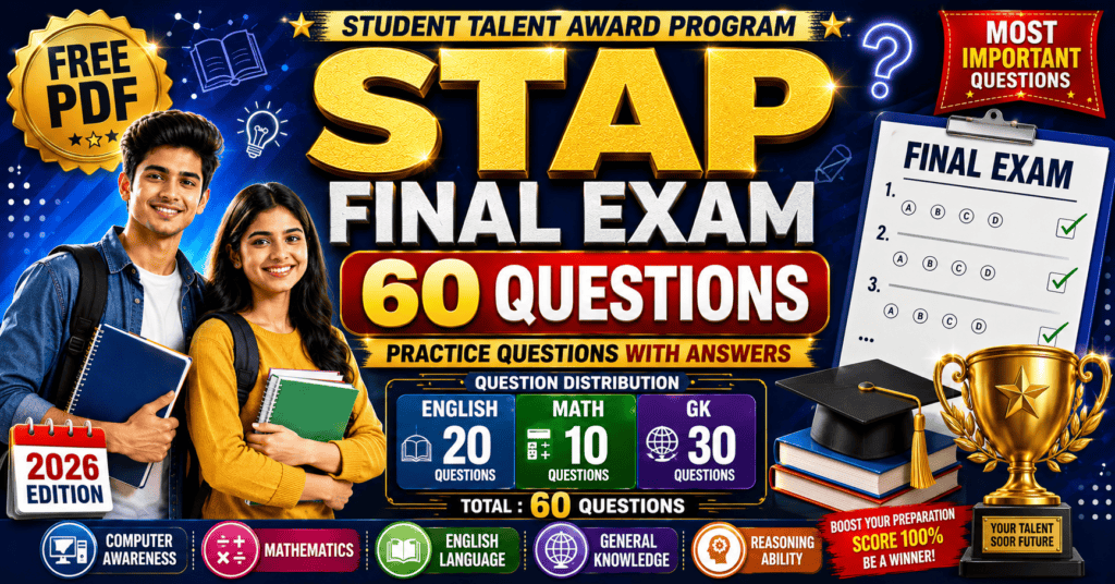 STAP Final Exam 2026 – 60 Questions MCQs (English 20, Math 10, GK 30) with Answers PDF