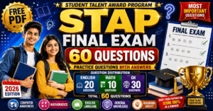 STAP Final Exam 2026 – 60 Questions MCQs (English 20, Math 10, GK 30) with Answers PDF