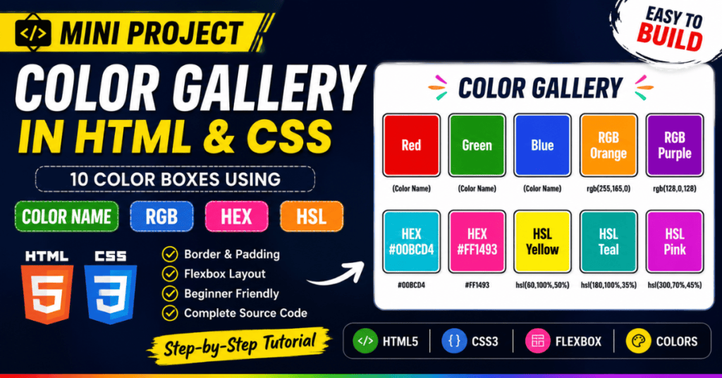 Color Gallery Mini Project in HTML and CSS with Color Name, RGB, HEX and HSL Examples