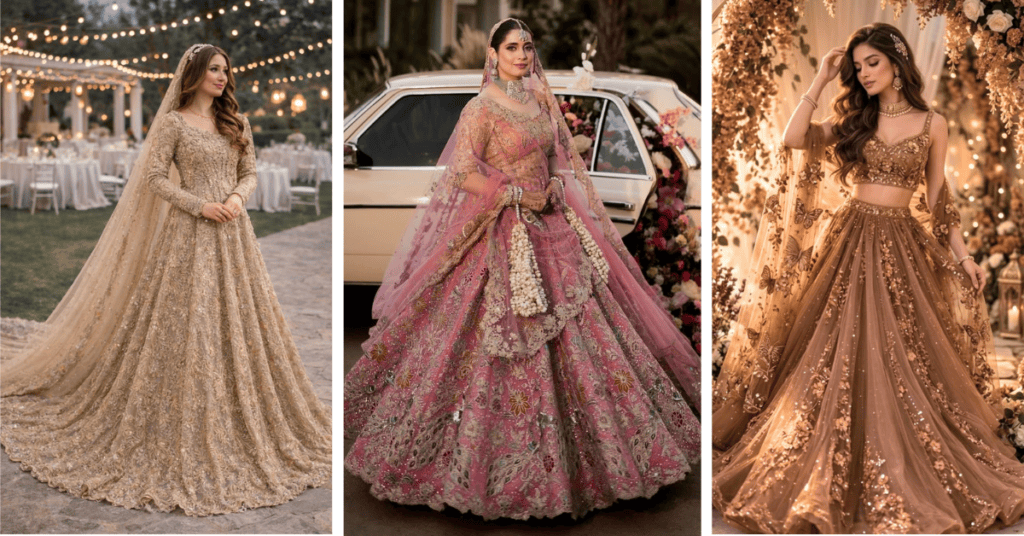 Elegant bridal style featuring a designer lehenga, traditional jewelry, flawless makeup, and a graceful wedding look for brides.