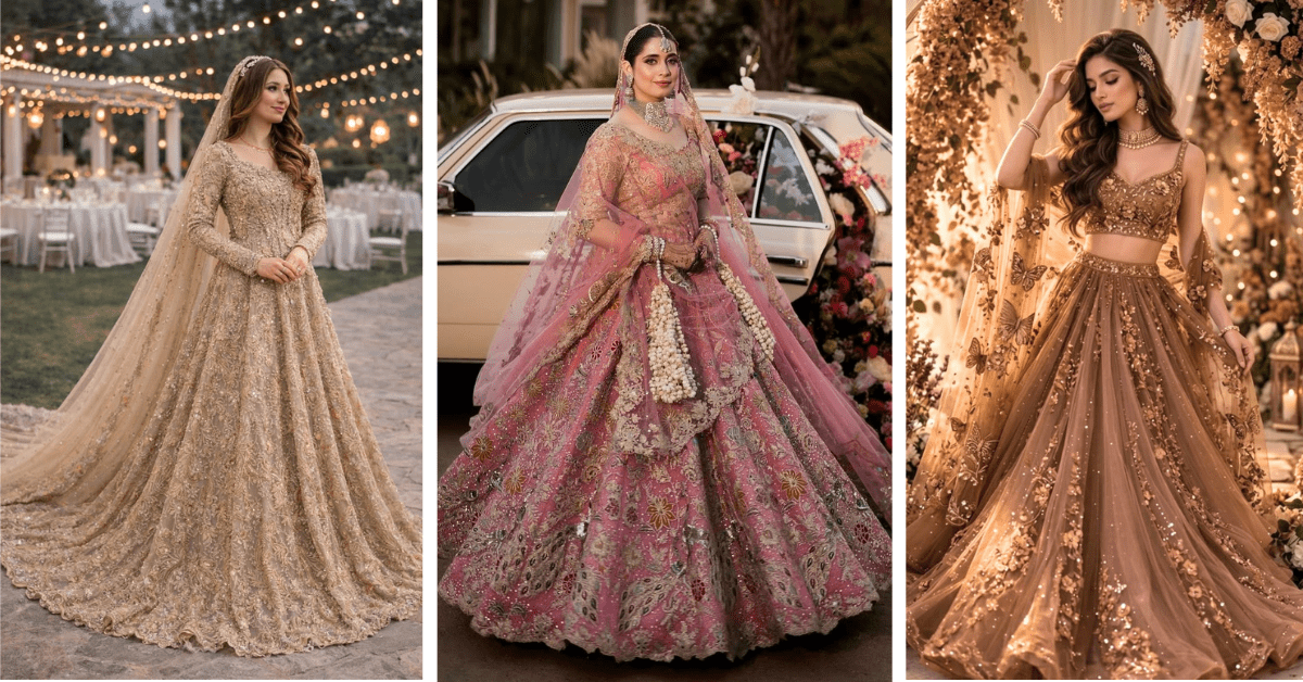 Elegant bridal style featuring a designer lehenga, traditional jewelry, flawless makeup, and a graceful wedding look for brides.