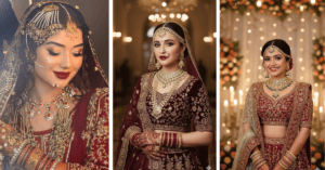 Beautiful bride in elegant bridal attire with stunning makeup and traditional jewelry.