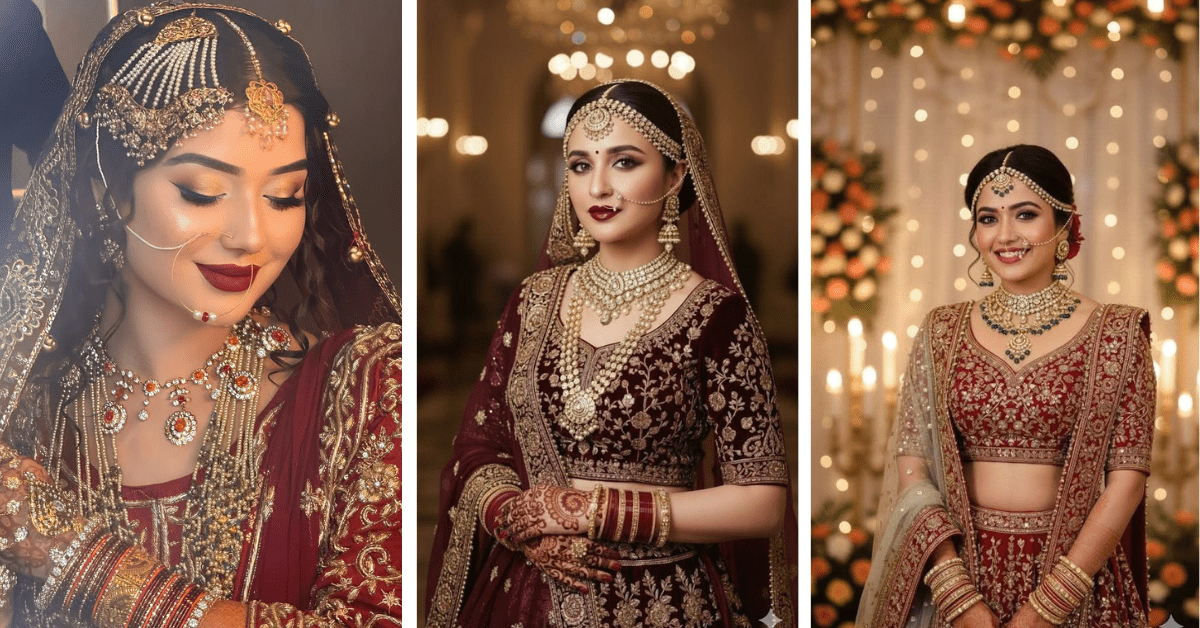 Beautiful bride in elegant bridal attire with stunning makeup and traditional jewelry.