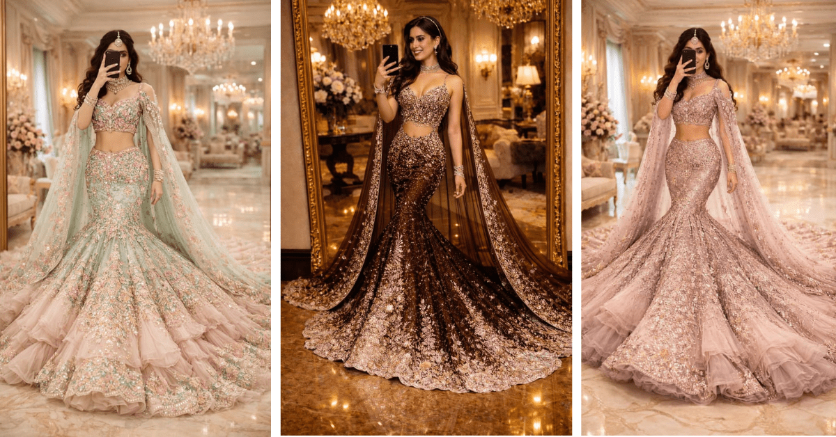 Elegant Fish Cut Lehenga with Floral Tattoo Details